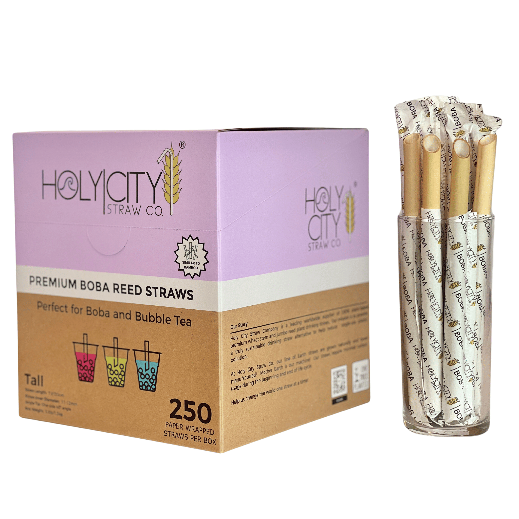 Holy City Straw Co. box of 250 premium wrapped boba reed straws, designed for bubble tea, with a tall glass displaying the straws.