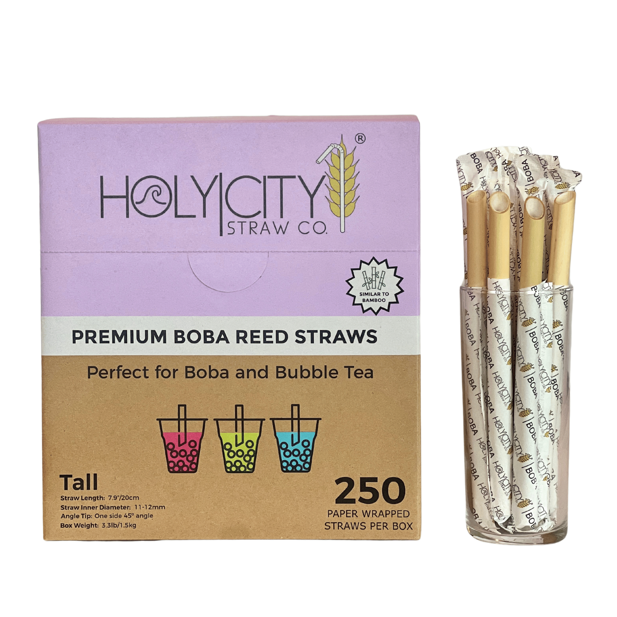 Front view of the Holy City Straw Co. box of 250 premium wrapped boba reed straws for bubble tea, accompanied by a glass of straws.