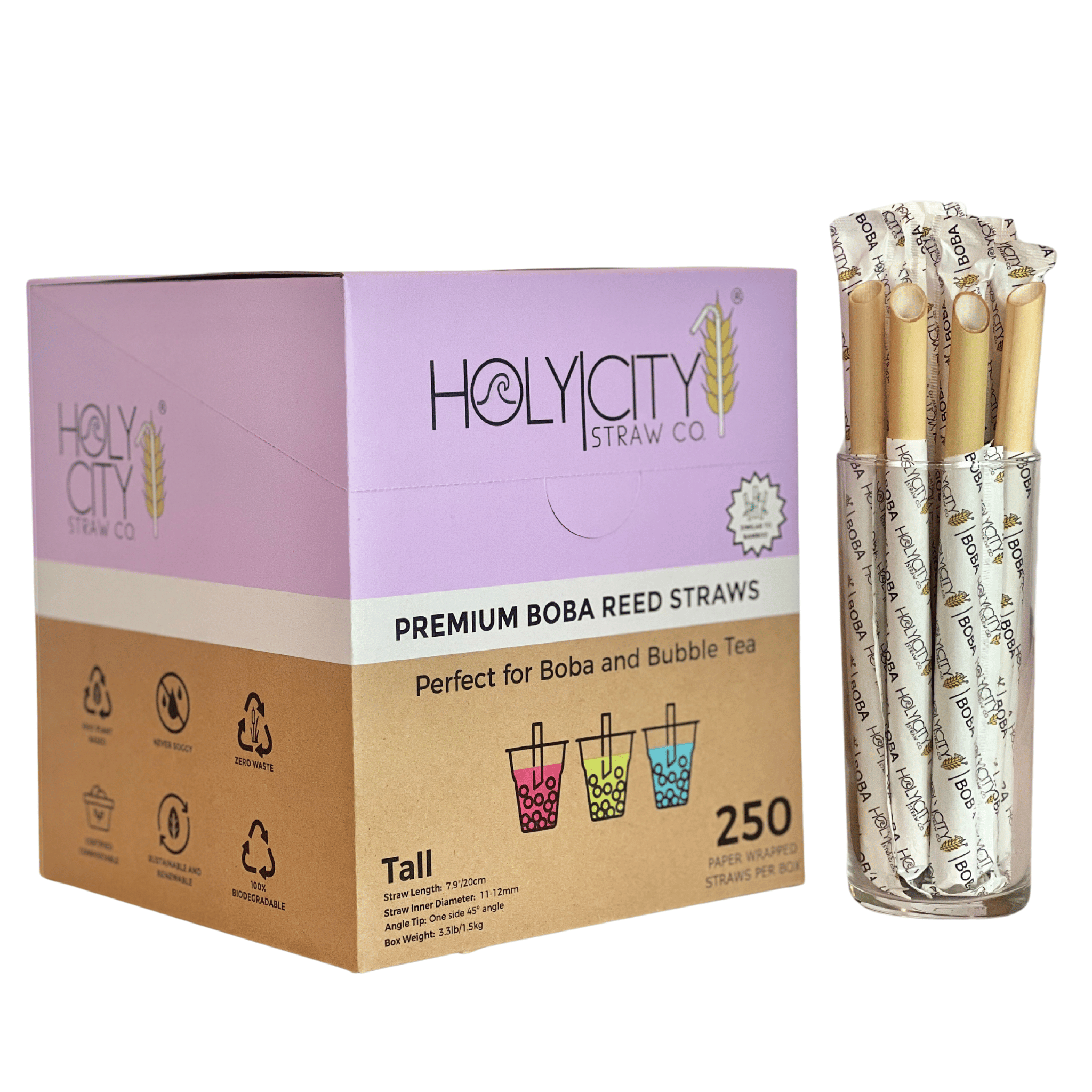 Side view of Holy City Straw Co. box of 250 premium wrapped boba reed straws with detailed product specifications and a glass containing the straws.