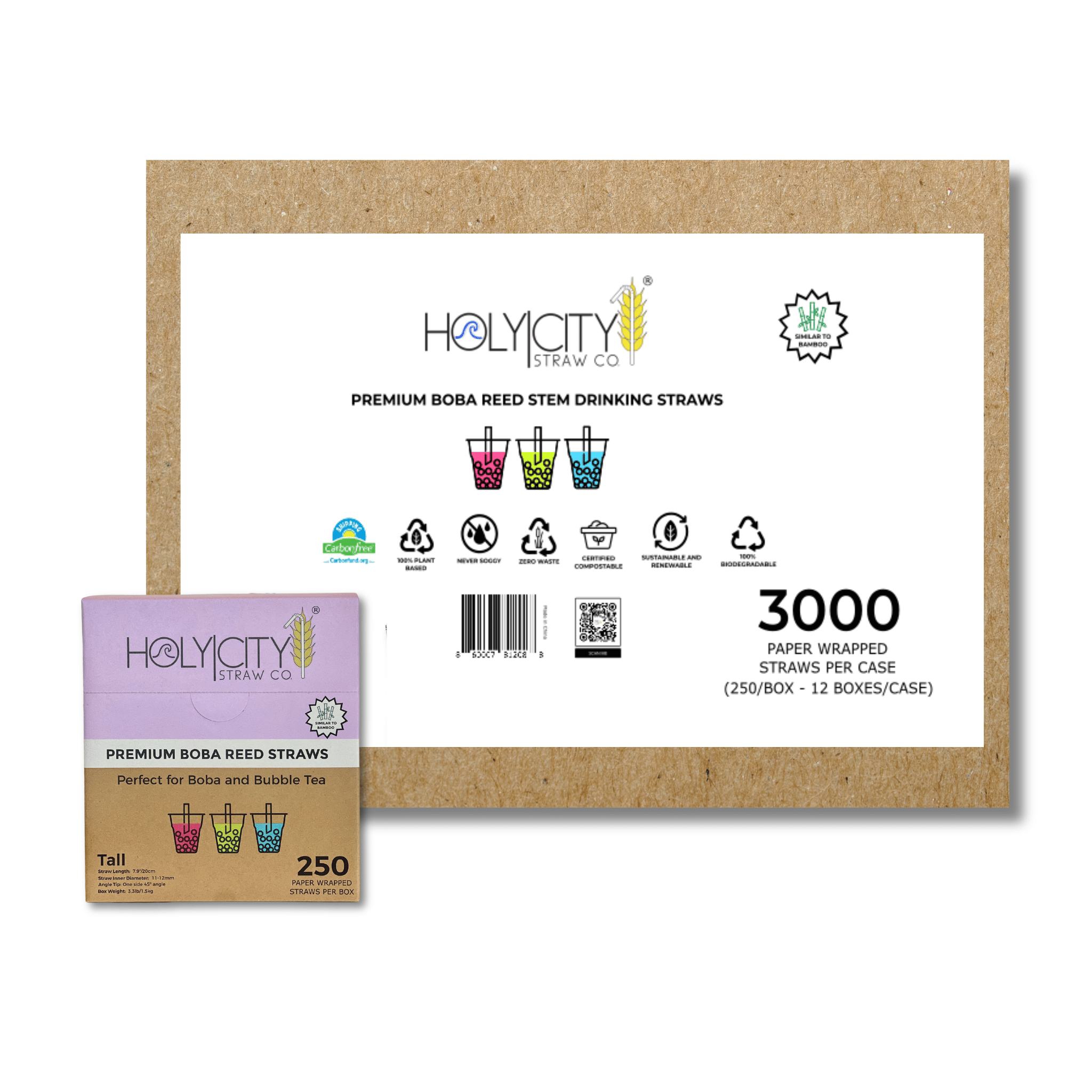 Case of 3000 Holy City Straw Co. premium wrapped boba reed straws with twelve individual boxes of 250 count straws, featuring eco-friendly icons.