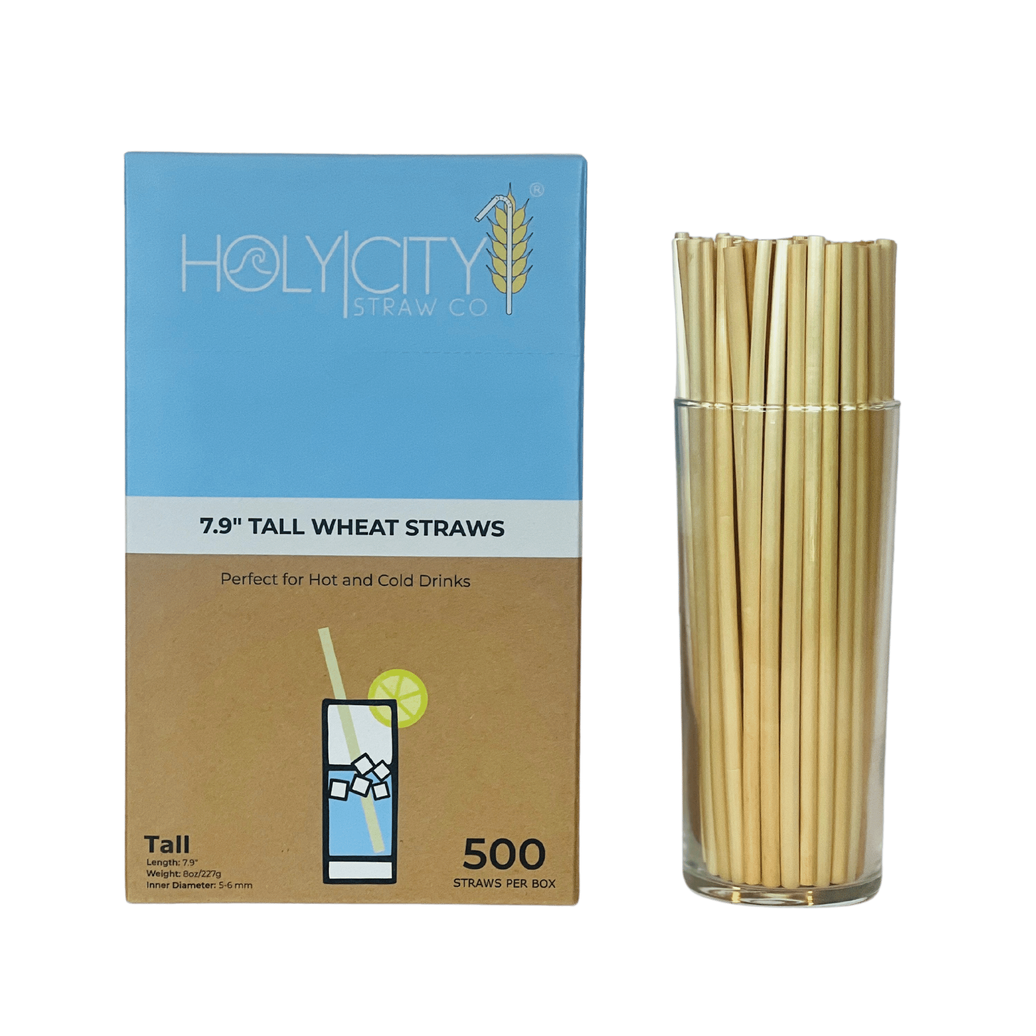 HolyCityStrawCompany 7.9-inch Wheat Tall Straws box of 500 straws displayed with a glass of straws next to the packaging