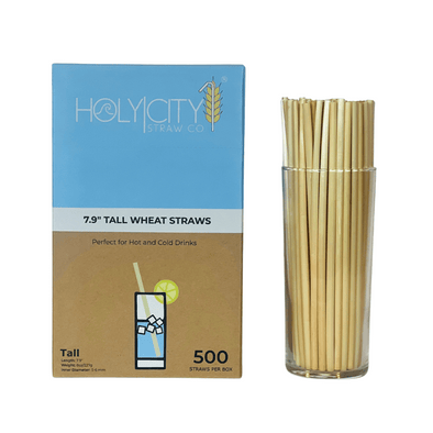 HolyCityStrawCompany 7.9-inch Wheat Tall Straws box of 500 straws displayed with a glass of straws next to the packaging