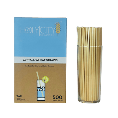 HolyCityStrawCompany 7.9-inch Wheat Tall Straws box of 500 straws displayed with a glass of straws next to the packaging