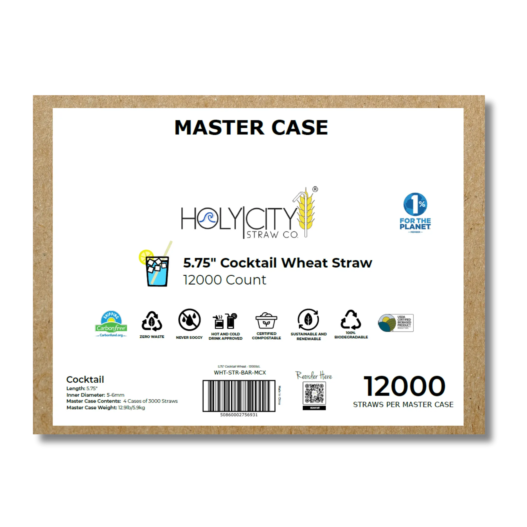 HolyCityStrawCompany 5.75-inch Wheat Tall Straws Master Case box of 12000 straws with environmental certifications and usage icons