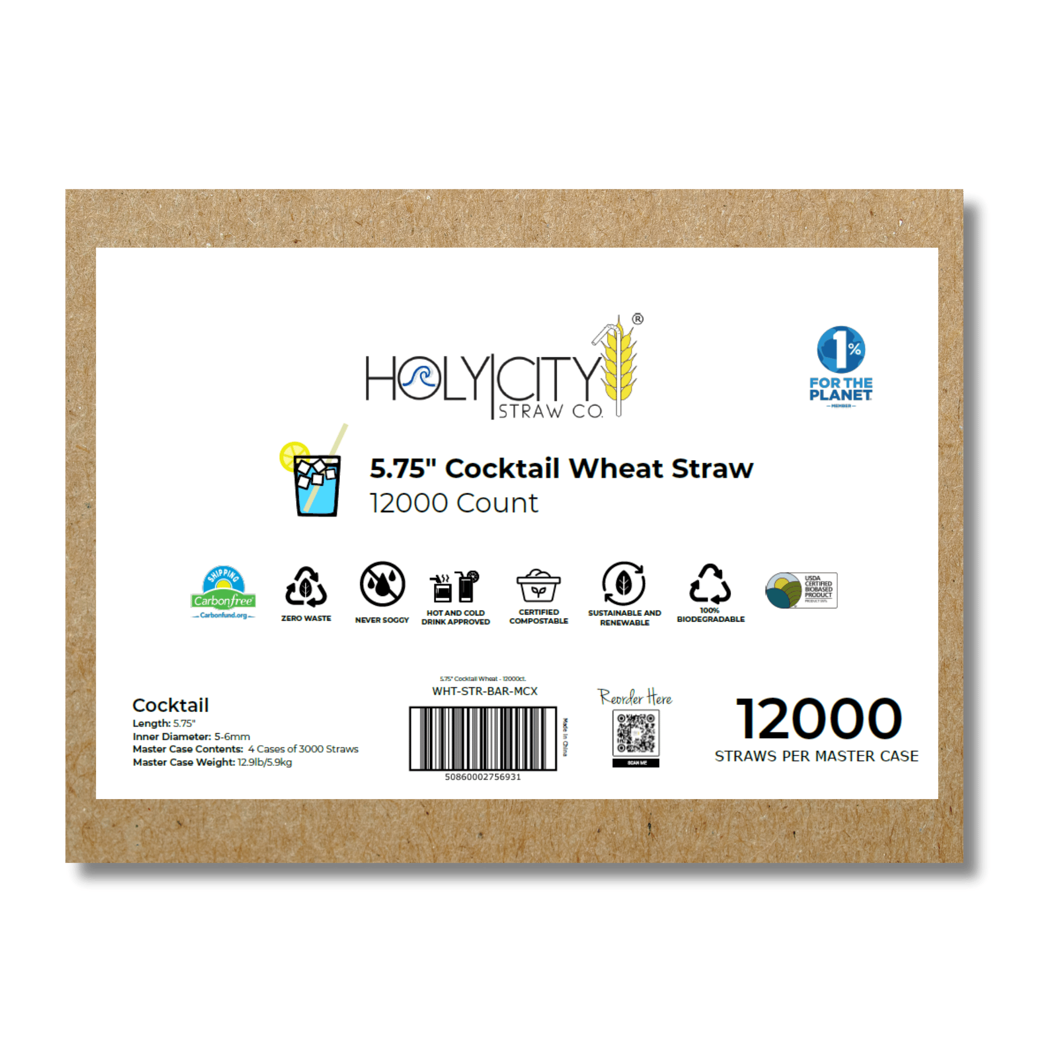 HolyCityStrawCompany 5.75-inch Wheat Cocktail Straws box of 12000 straws with environmental certifications and usage icons