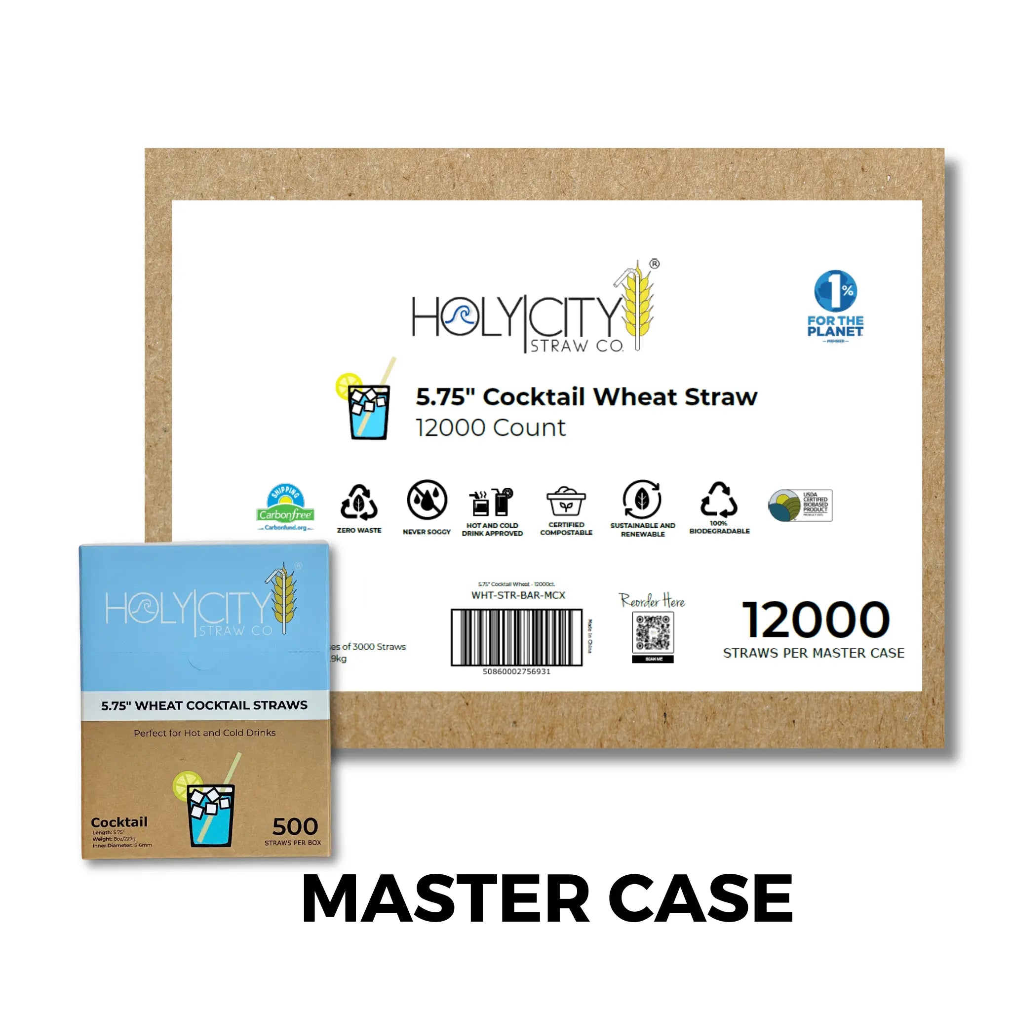 HolyCityStrawCompany 5.75-inch Wheat Tall Straws Master Case box of 12000 straws with environmental certifications and usage icons