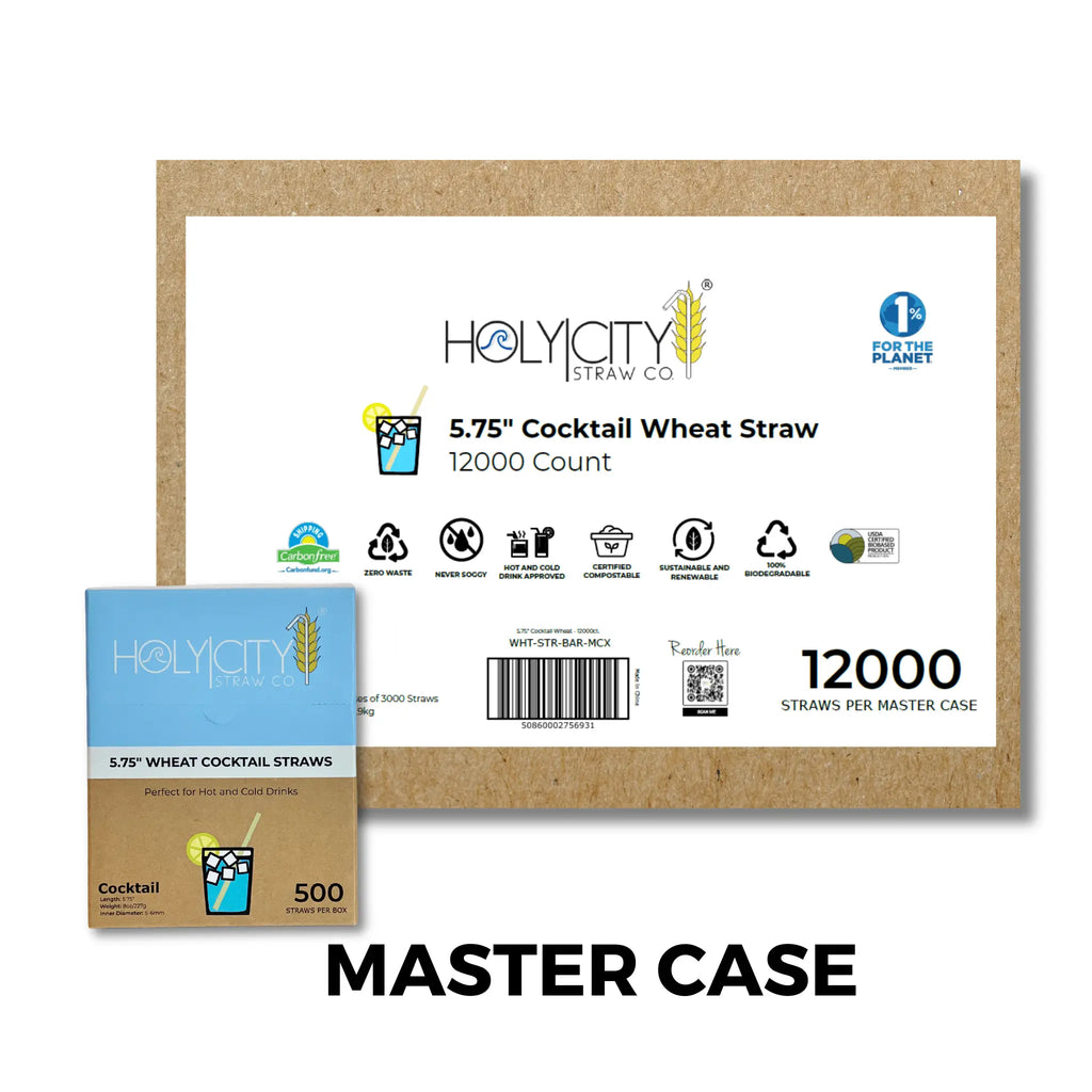 HolyCityStrawCompany 5.75-inch Wheat Tall Straws Master Case box of 12000 straws with environmental certifications and usage icons