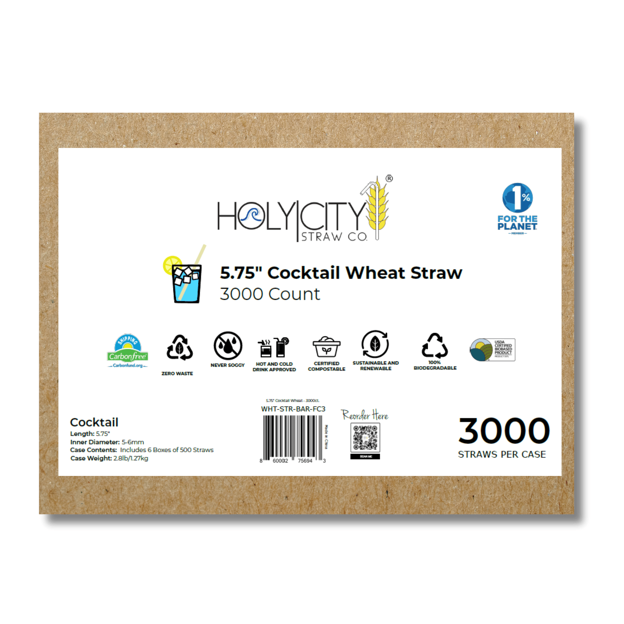 HolyCityStrawCompany 5.75-inch Wheat Cocktail Straws box of 3000 straws with sustainable, zero waste, and biodegradable icons.