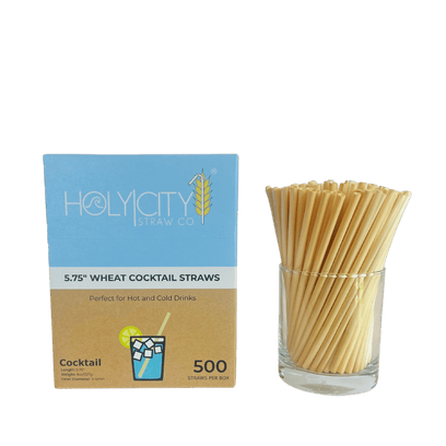 HolyCityStrawCompany 5.75-inch Wheat Cocktail Straws box of 500 straws displayed with a glass of straws next to the packaging