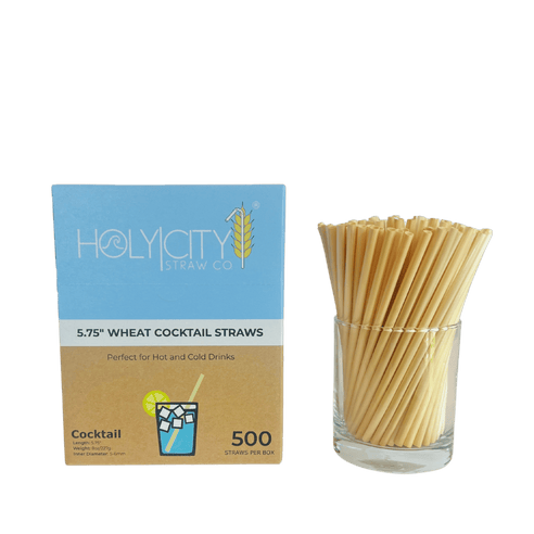 HolyCityStrawCompany 5.75-inch Wheat Cocktail Straws box of 500 straws displayed with a glass of straws next to the packaging
