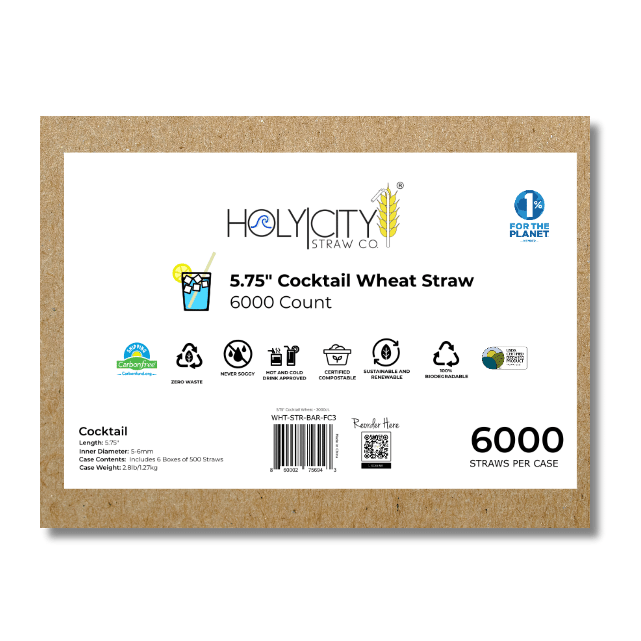 HolyCityStrawCompany 5.75-inch Wheat Cocktail Straws box of 6000 straws showing eco-friendly certifications and product details