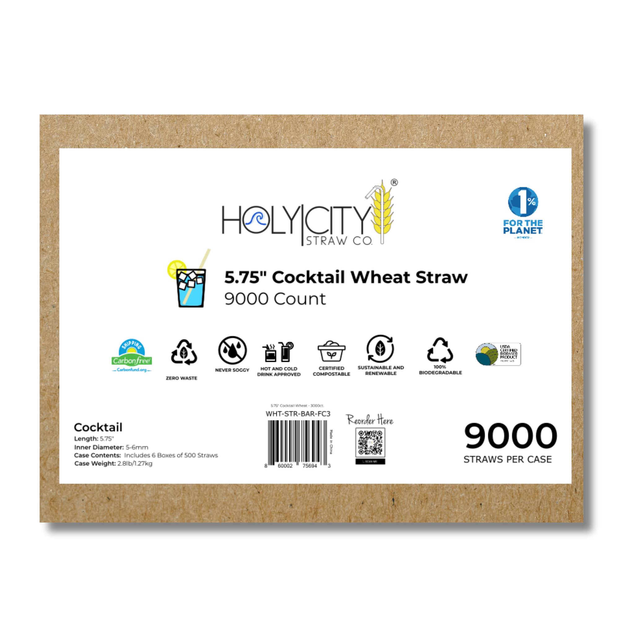 HolyCityStrawCompany 5.75-inch Wheat Cocktail Straws box of 9000 straws featuring eco-friendly attributes and product specifications