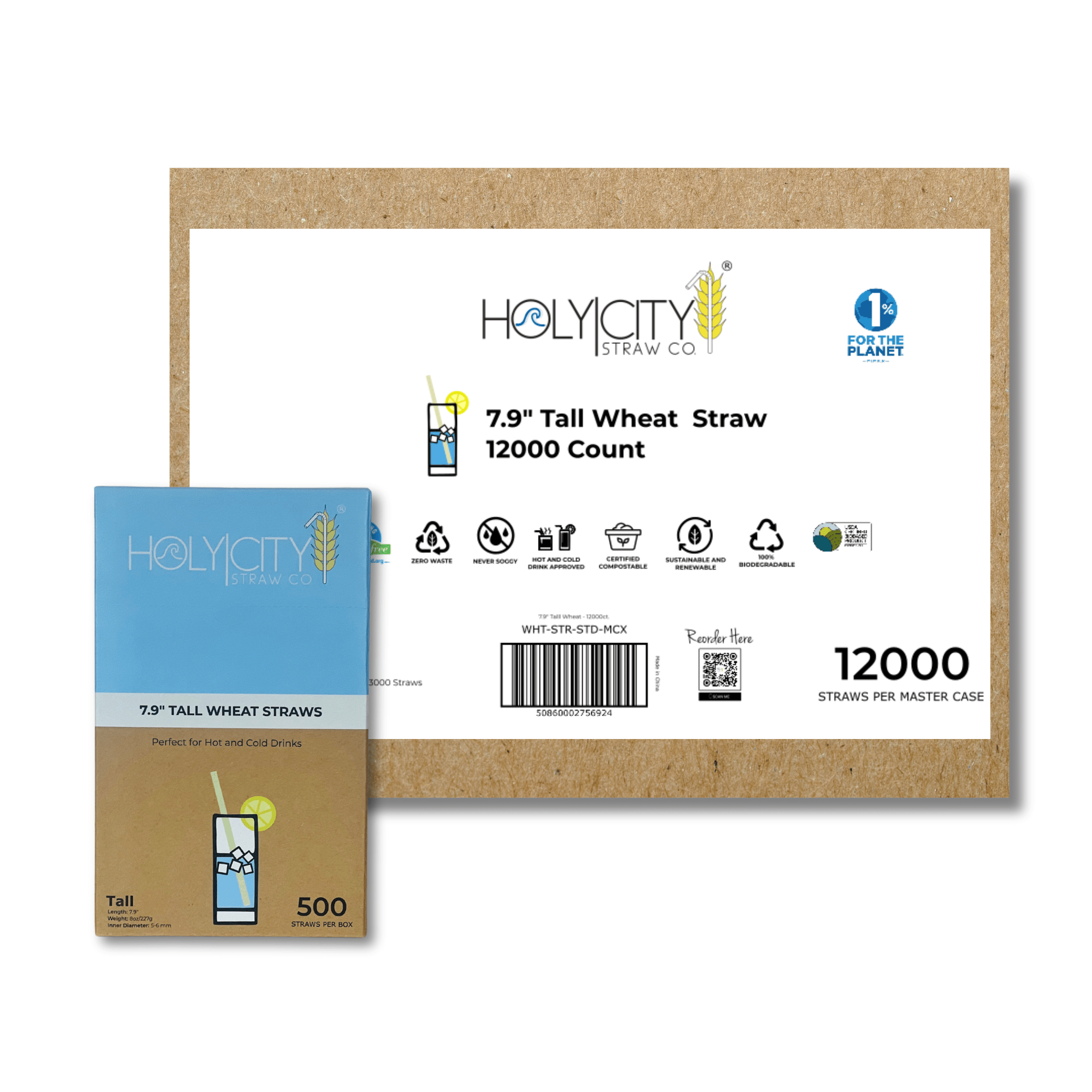 HolyCityStrawCompany 7.9-inch Wheat Tall Straws box of 12000 straws with environmental certifications and usage icons.