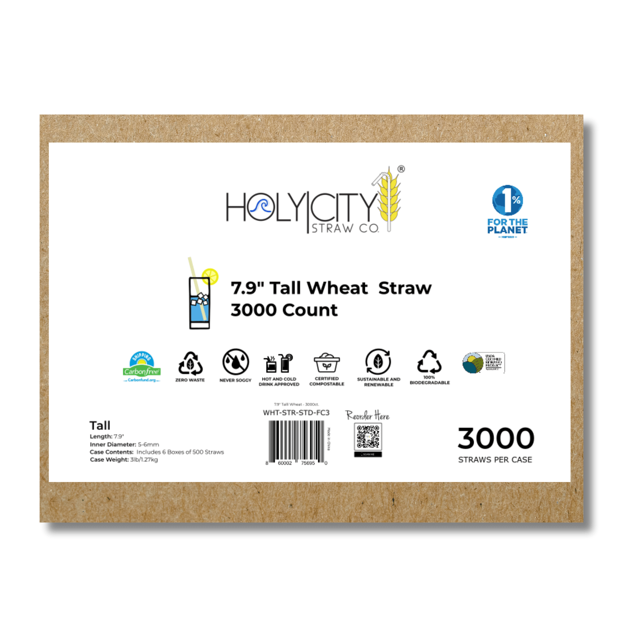 HolyCityStrawCompany 7.9-inch Wheat Tall Straws box of 3000 straws with sustainable, zero waste, and biodegradable icons