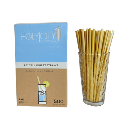 HolyCityStrawCompany 7.9-inch Wheat Tall Straws box of 500 straws displayed with a glass of straws next to the packaging
