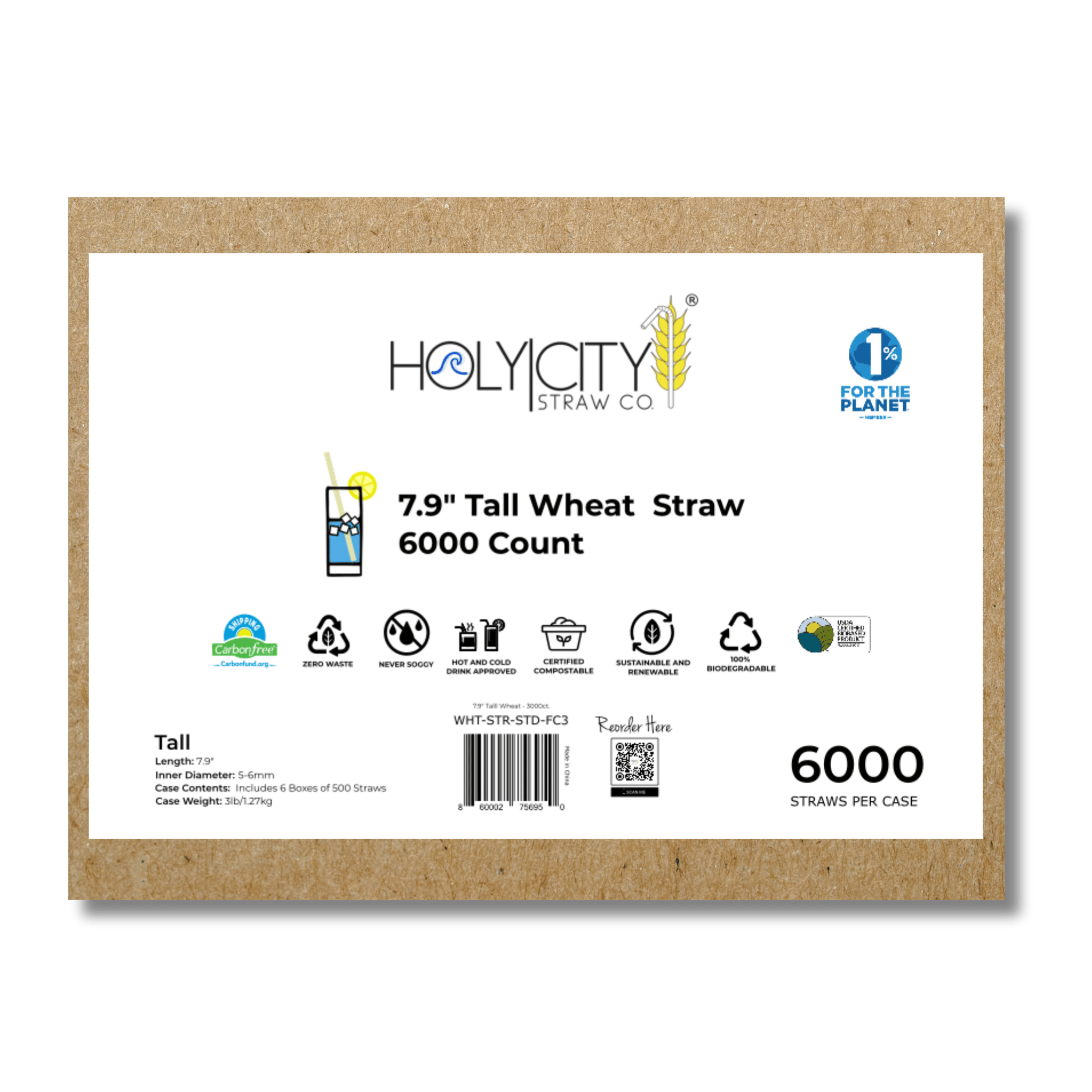 HolyCityStrawCompany 7.9-inch Wheat Tall Straws box of 6000 straws showing eco-friendly certifications and product details.