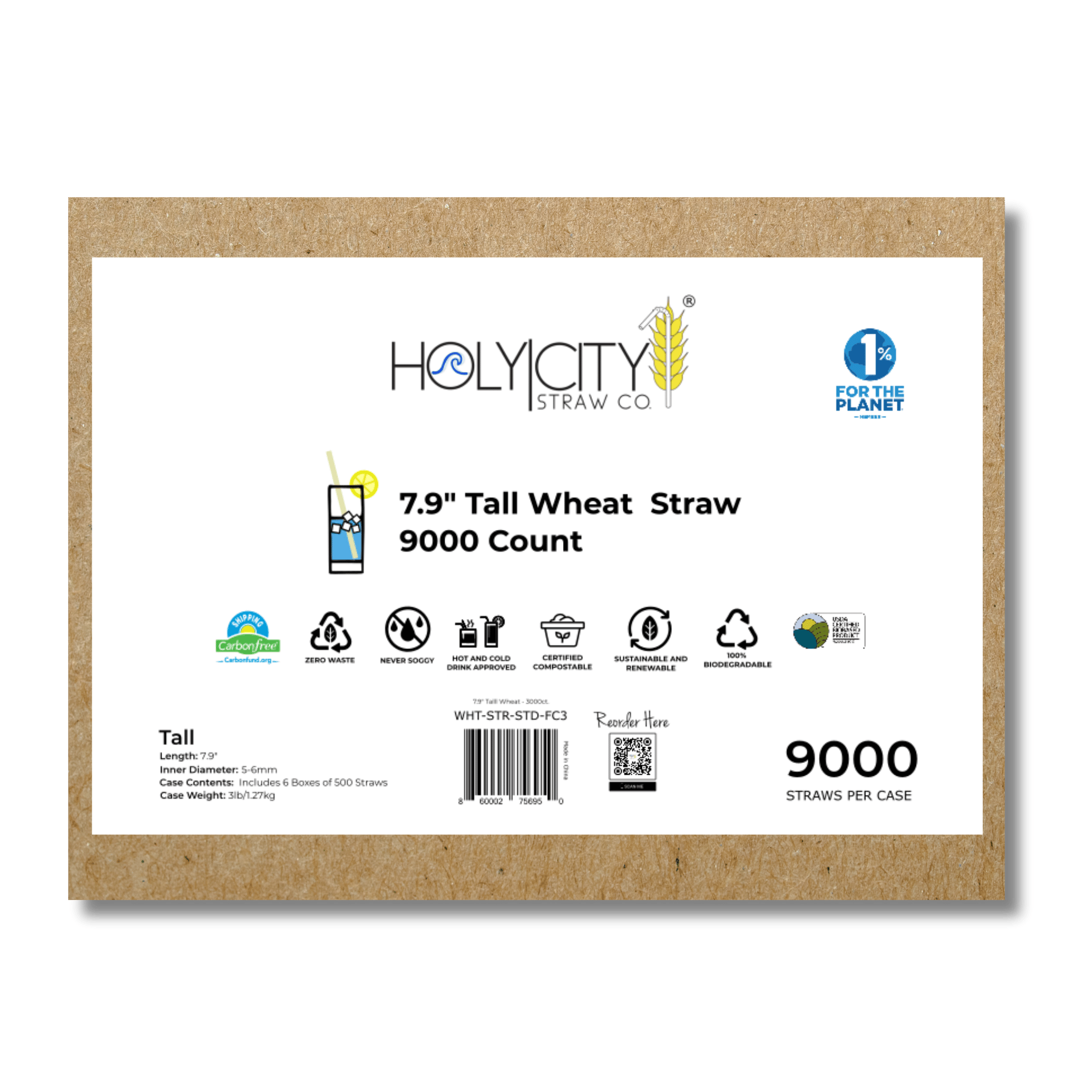 HolyCityStrawCompany 7.9-inch Wheat Tall Straws box of 9000 straws featuring eco-friendly attributes and product specifications.