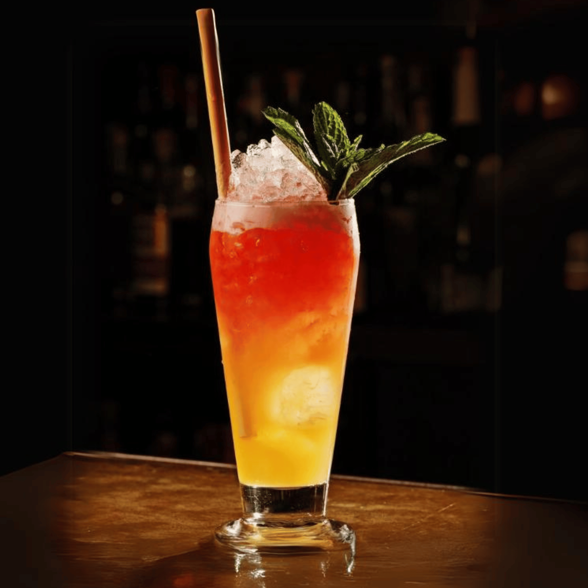 Glass of layered cocktail with crushed ice, mint garnish, and a Holy City Straw Co. giant reed stem straw, in a dimly lit setting.