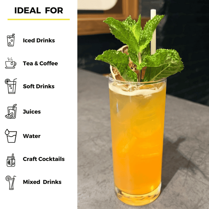 Glass of iced golden drink with fresh mint and dried citrus garnish featuring a bamboo fiber straw, placed beside icons showing ideal beverage uses including coffee, tea, juices, and cocktails.