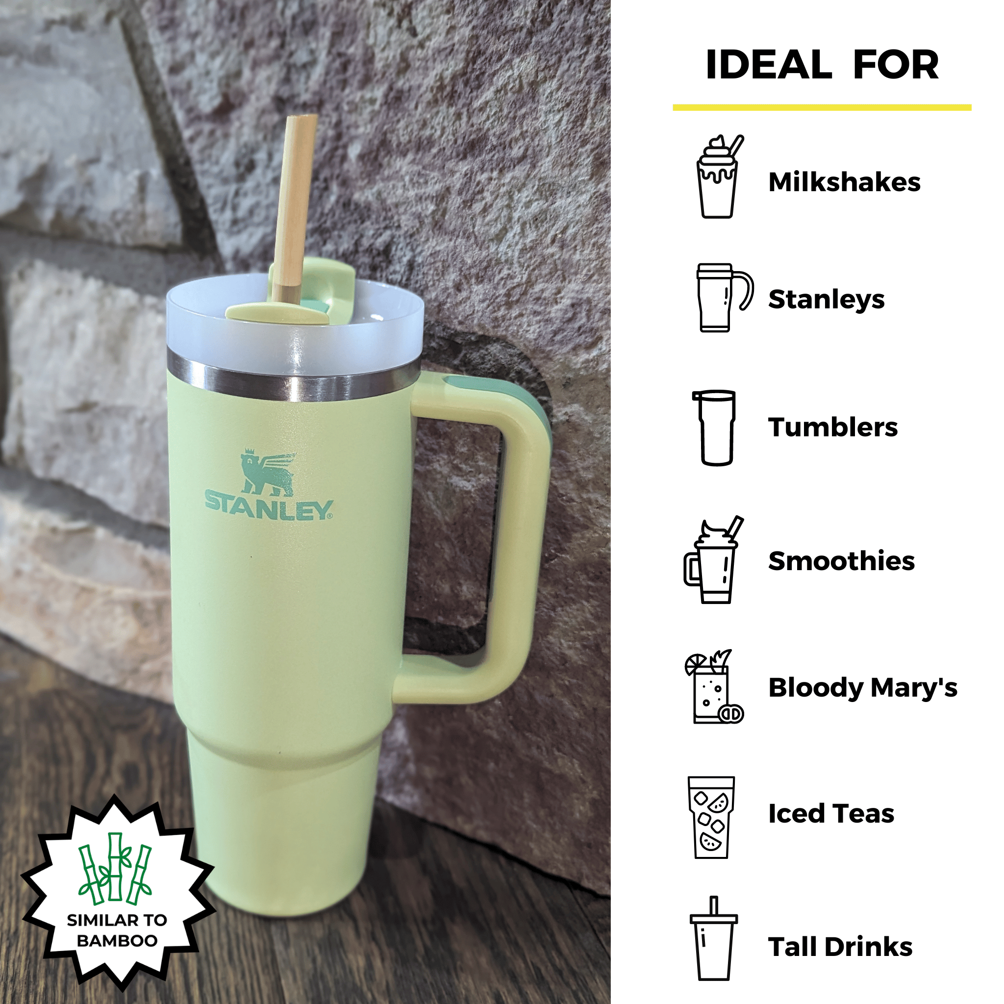 A pale green Stanley tumbler with a Holy City Straw Co. Giant reed straw, placed against a stone wall. Text beside the tumbler lists it as ideal for milkshakes, Stanleys, tumblers, smoothies, Bloody Marys, iced teas, and tall drinks. An icon indicates the straw is similar to bamboo.