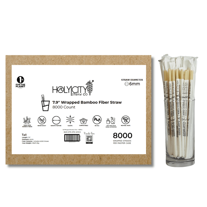 Master case of 8000 individually wrapped 7.9-inch 6mm bamboo fiber straws by Holy City Straw Co. with eco-labels like 1% for the Planet, compostable, and no PLA across the box face.

