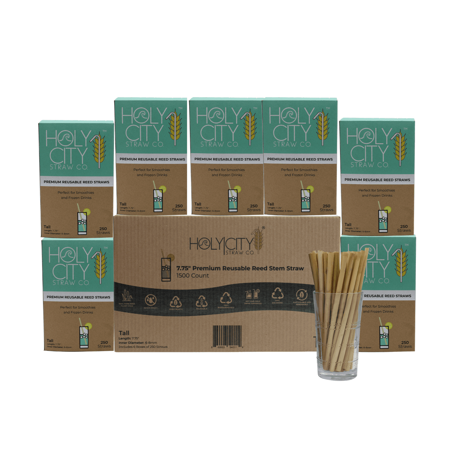 1500 count case containing 6 boxes of 250 ct boxes of Holy City tall reusable reed Straws