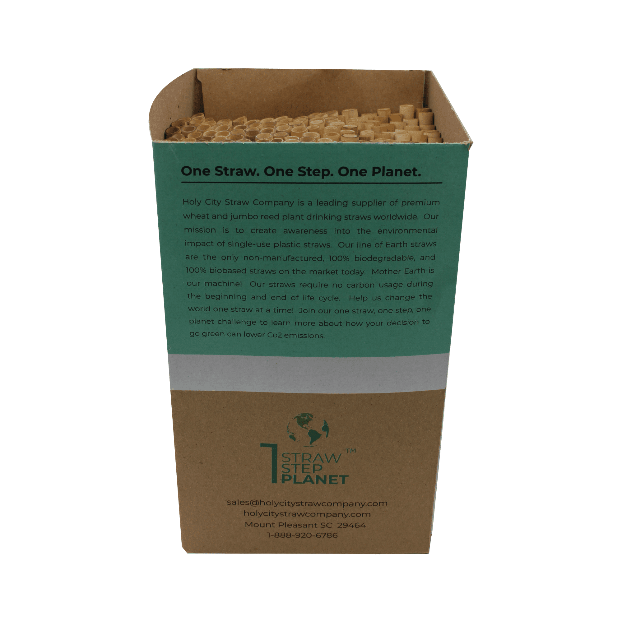 250 count box of Holy City Straw Company Reed Straws with Straws with no top highlighting the One Straw One Step One Plane mantra