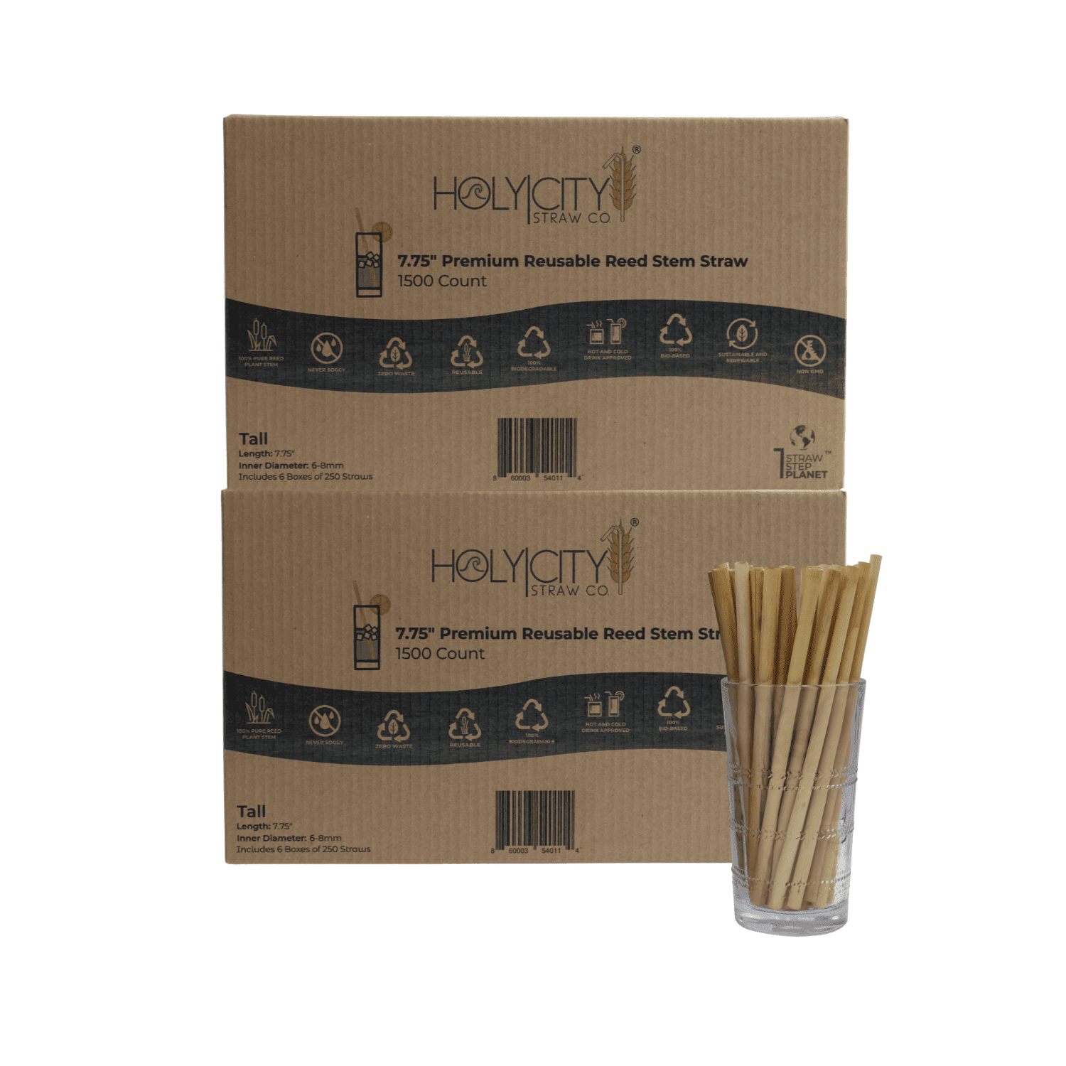 3000 count case containing 12 boxes of 250 ct boxes of Holy City tall reusable reed Straws