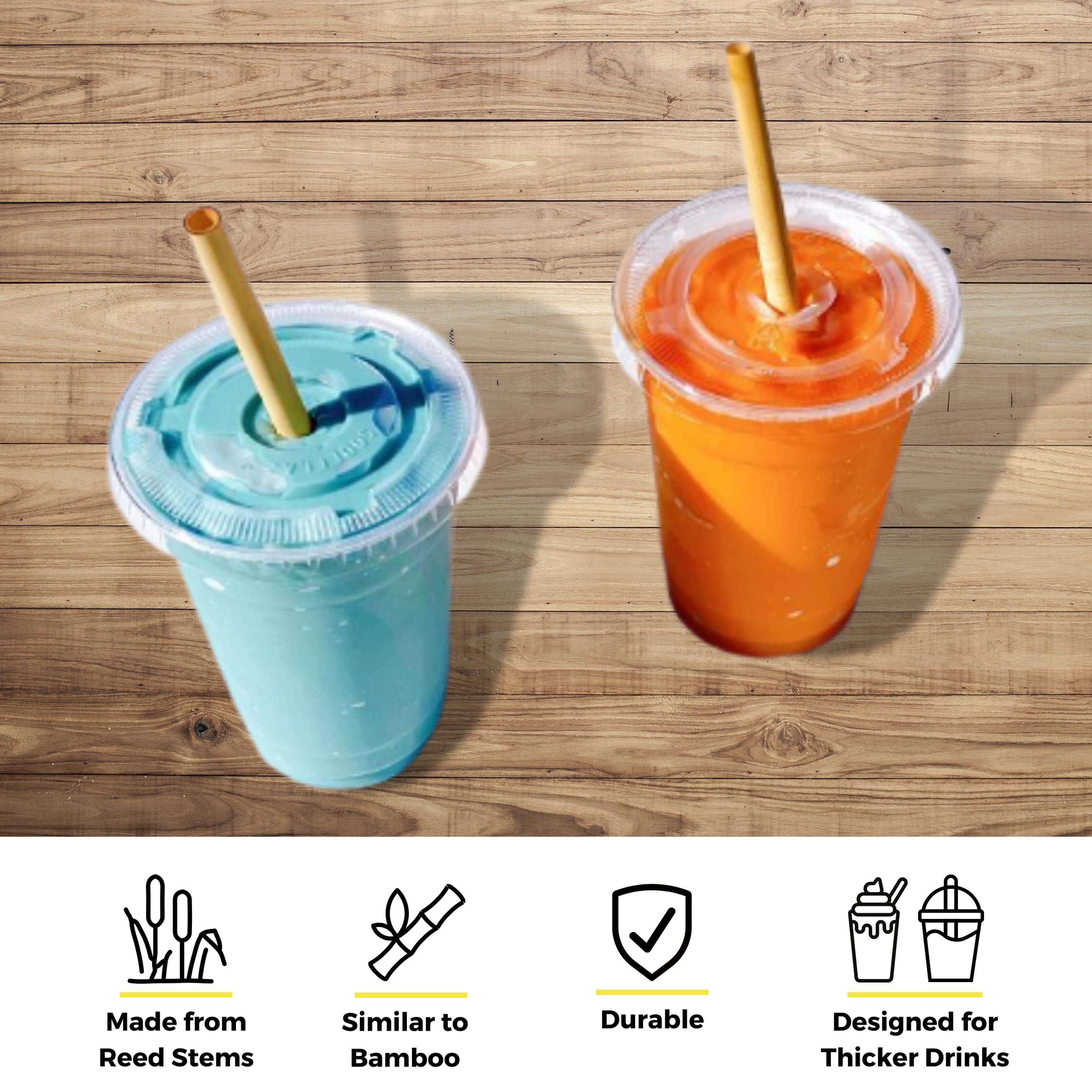 Two smoothies are placed side by side on a wooden surface. The left drink is blue, while the right one is orange. Both are in clear cups with biodegradable bamboo-like straws inserted through the lids. At the bottom, four icons illustrate that the straws are made from reed stems, similar to bamboo, durable, and designed for thicker drinks such as smoothies and shakes.