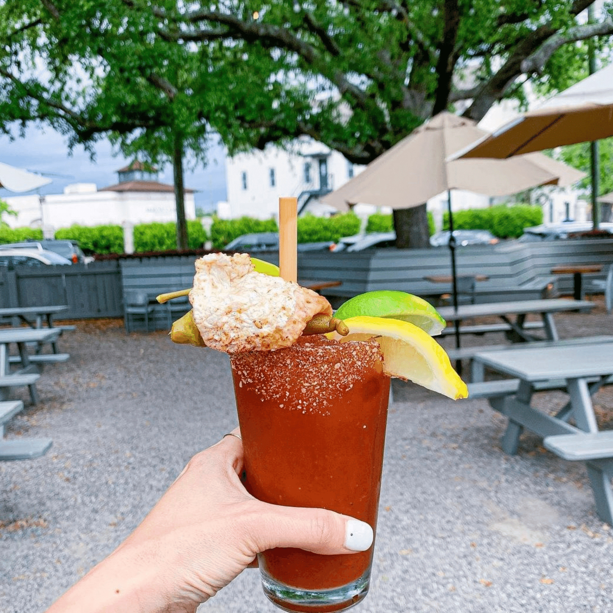 A hand is holding a Bloody Mary garnished with lime and lemon wedges, olives, and a piece of fried pork rind. The glass has a salted rim, and a bamboo-like straw made from reed stems is inserted into the drink. The setting is outdoors, with picnic tables and umbrellas in the background, creating a casual and relaxed atmosphere. The straw’s biodegradable material emphasizes sustainability while complementing the drink’s colorful and festive appearance.