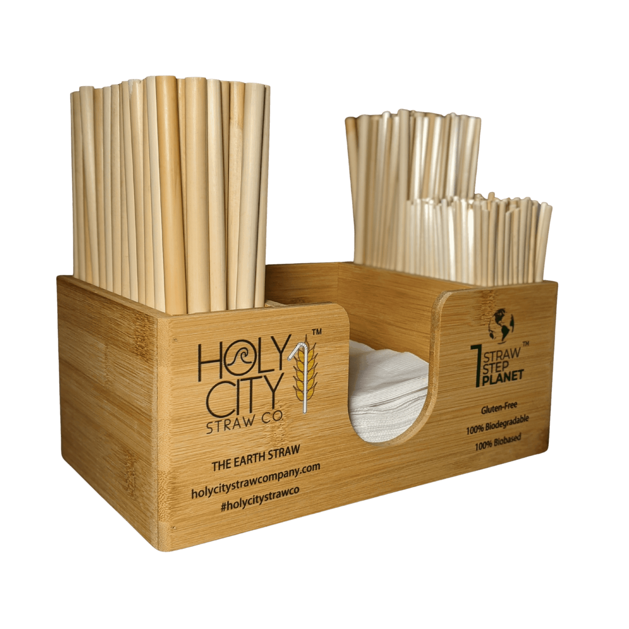 Holy City Straw Company branded straw and napkin bar caddy with straws left