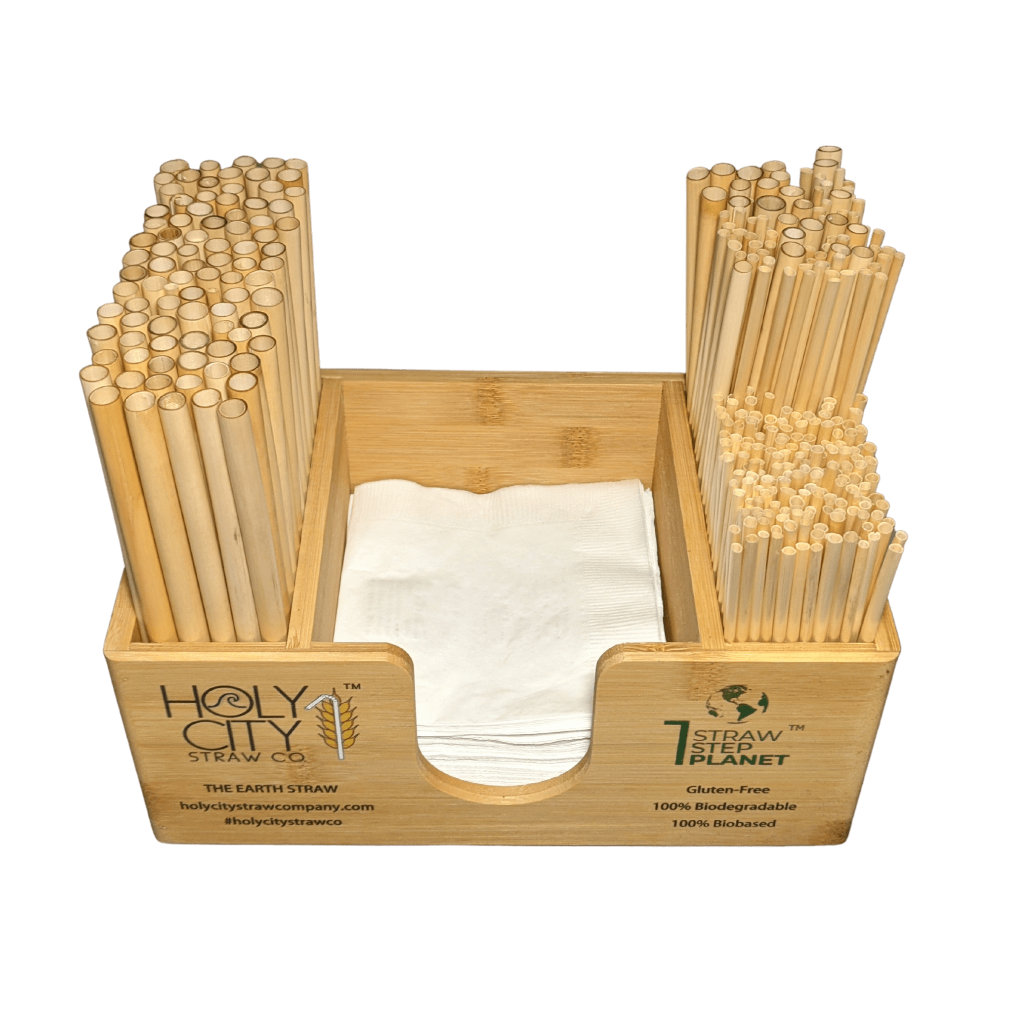 Holy City Straw Company branded straw and napkin bar caddy with straws top