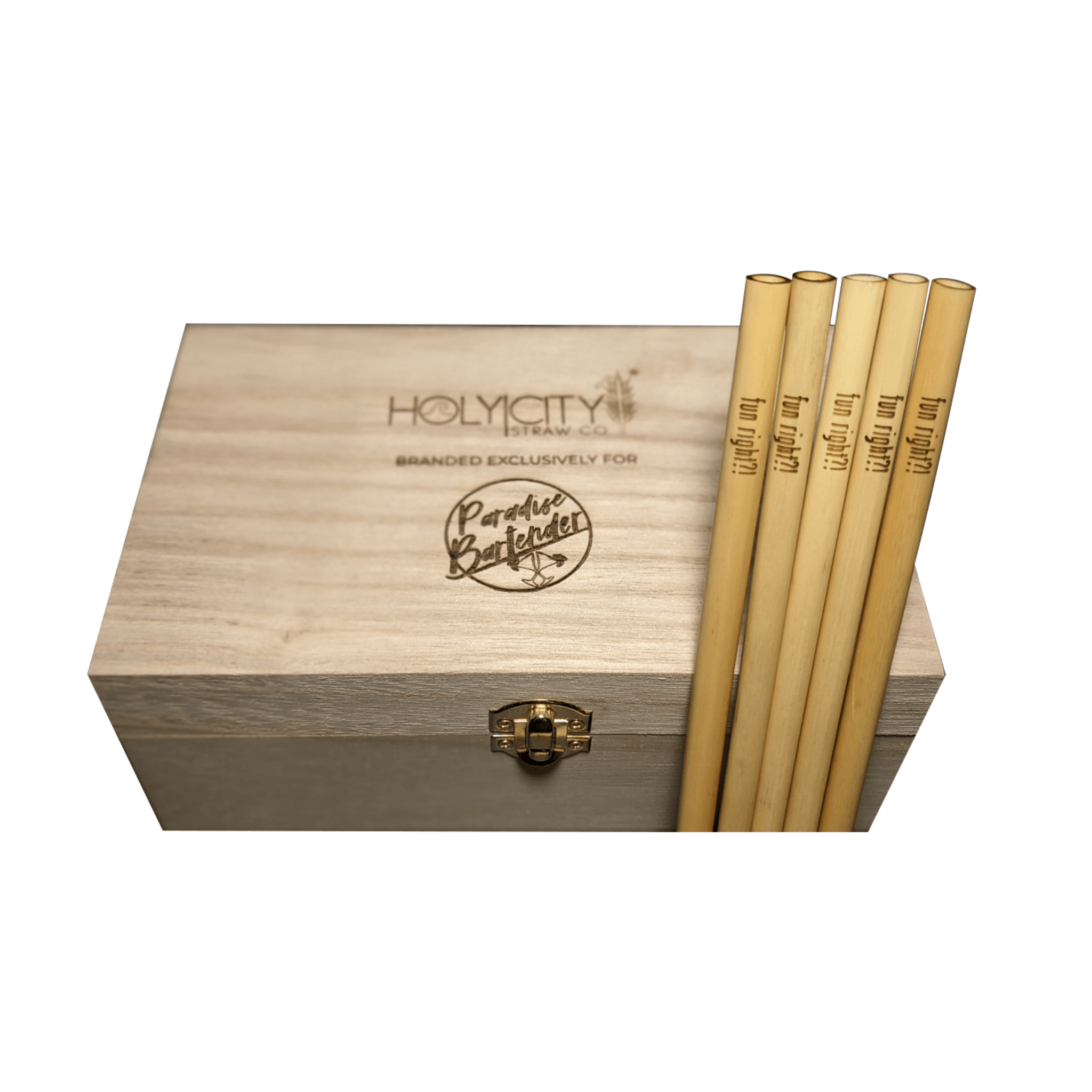 The Paradise Bartender Custom Branded Straw Holder Box Closed with Laser Engraved Straws Top