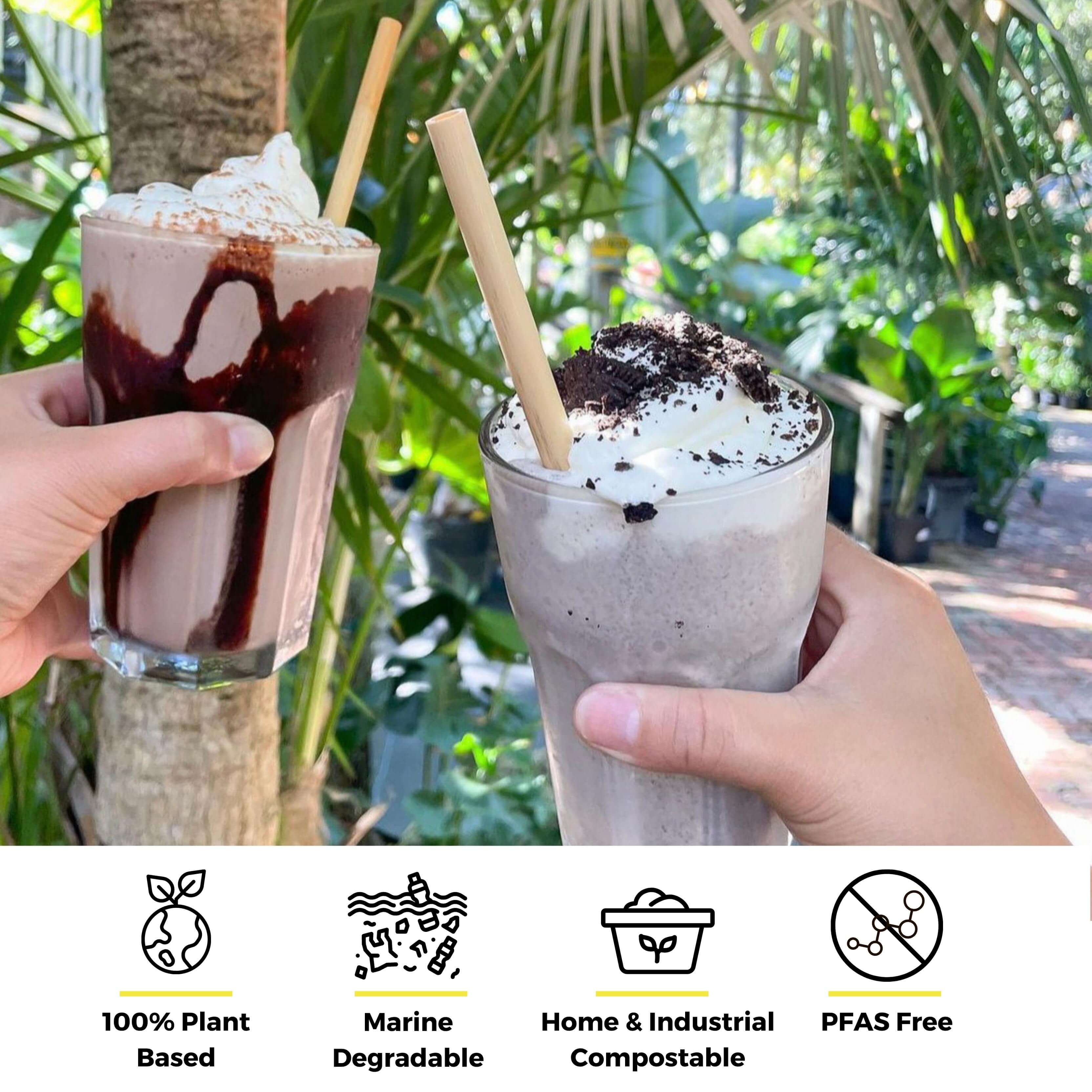 Two hands are holding iced frappuccino drinks in clear glasses, one decorated with chocolate drizzle and whipped cream, and the other topped with whipped cream and cookie crumbles. Each drink features a biodegradable straw made from reed stems. The background is lush greenery, suggesting an outdoor setting. Below the image, four icons emphasize the eco-friendly nature of the straws, describing them as 100% plant-based, marine degradable, home and industrial compostable, and PFAS-free.
