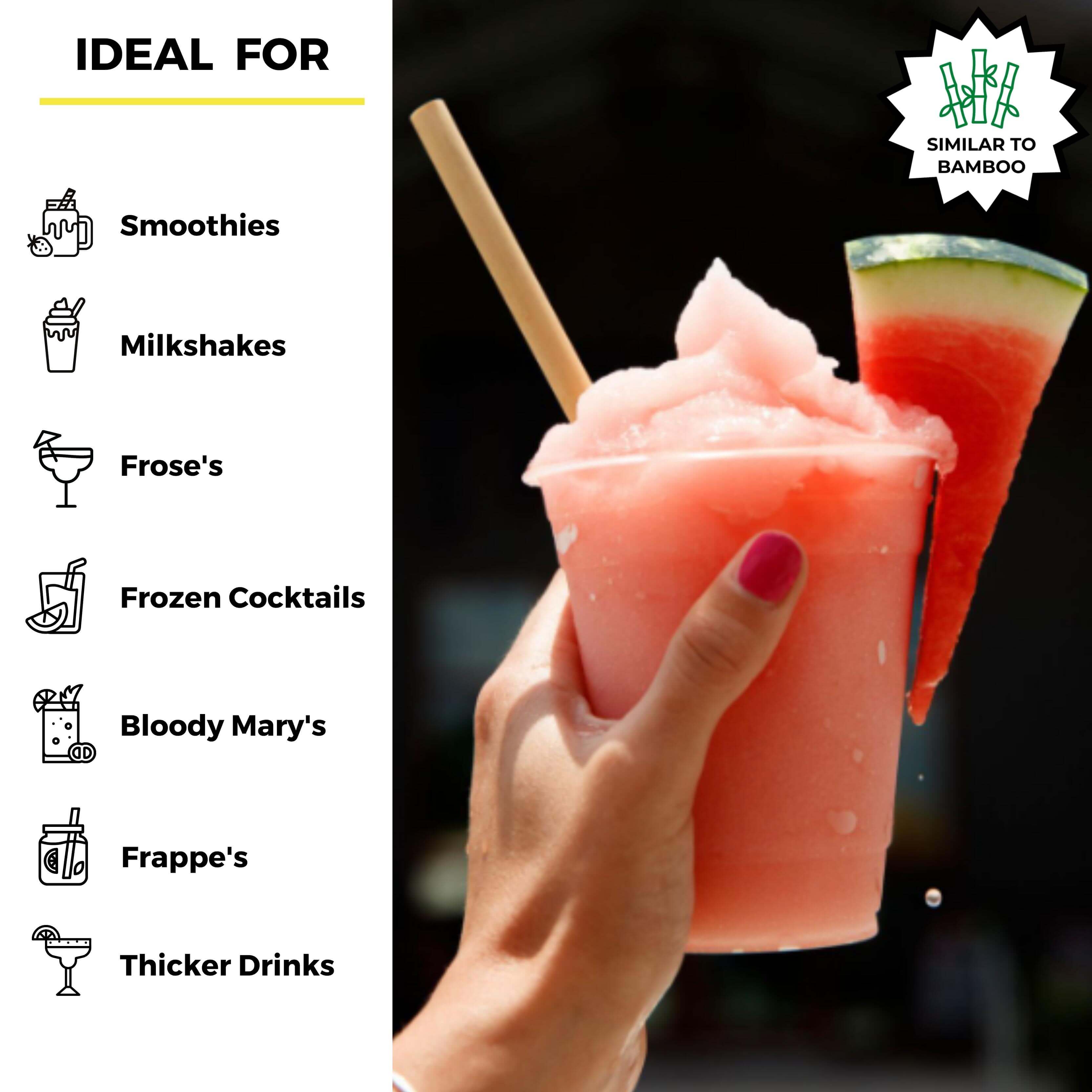 A hand with pink nail polish holds a bright pink frozen drink garnished with a slice of watermelon. The drink is served in a clear cup with a biodegradable straw made from reed stems. On the left side of the image, icons describe the ideal drinks for using these straws, such as smoothies, milkshakes, frosé, frozen cocktails, Bloody Marys, frappés, and thicker drinks. A badge with 